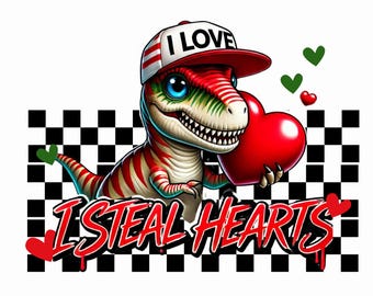 Retro Valentine Dinosaur PNG: I Steal Hearts Clipart (Digital Download)