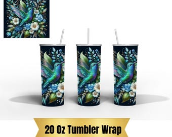May include: A set of three 20 oz tumbler wraps featuring a vibrant hummingbird design. The design includes a hummingbird with blue, green, and purple hues, surrounded by flowers and foliage against a dark background. Each tumbler has a straw.