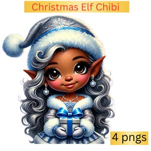 クリスマス チビ エルフ アフロ ガール クリップアート、かわいいクリスマス アフリカ系アメリカ人ガール、黒人ガール昇華 PNG、冬ファッション、デジタル ダウンロード
