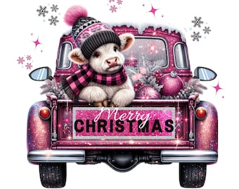 Kerst hooglandkoe PNG: vintage vrachtwagen, boomclipart (digitale download