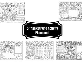 Placemats Thanksgiving-activiteit afdrukbare bundel, kinderen kleurplaten Thanksgiving, Placemat Thanksgiving pdf, klasactiviteit 5 stuks