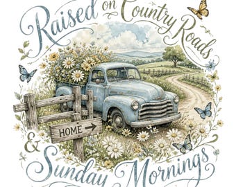 Raised on Country Roads & Sunday Mornings PNG, Vintage Blue Truck Wildflower Design, Farmhouse Country Western Graphic, Southern Girl shirt