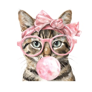 Nyckfull katt med glasögon PNG: Sublimeringsdesign med bubblegum (digital nedladdning)