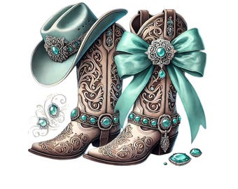 Teal Rhinestone Cowgirl Boots Clipart: Western Ribbon PNG (Digital Download)