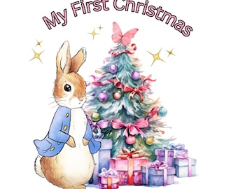 Mijn eerste kerst PNG, Peter Rabbit eerste kerst, baby eerste kerst PNG, baby clipart, kinderkamer png, kerstornament png, vakantie