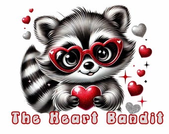 Cute Funny Valentine Raccoon Png, The Heart Bandit png, Kids Valentines Day Card, Raccoon Valentine Heart Png, Valentines Day Clipart,
