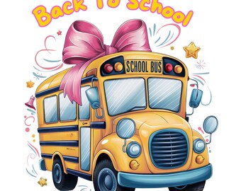 Back To School Bus PNG: Pink Bow Design, Sublimation (Digital Download)