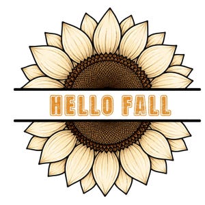 Op de afbeelding: Een grafische illustratie van een zonnebloem die horizontaal is gespleten door een witte rechthoekige banner met de oranje tekst HELLO FALL. De zonnebloem heeft cr&egrave;mekleurige bloemblaadjes en een donkerbruin textuurrijk hart met zwarte lijnen.