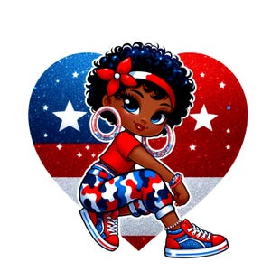 4. Juli Patriotisches schwarzes Mädchen-Herz Png, schwarze Mädchensublimation, 4. Juli, vierter Juli, Amerika, rot-weiß-blauer Png, Unabhängigkeitstag
