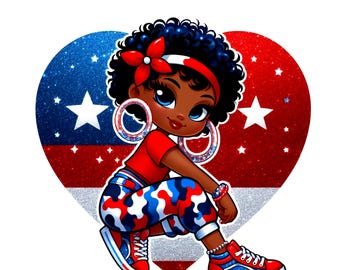 Chica negra patriótica del 4 de julio PNG: Diseño de corazón (Descarga digital)