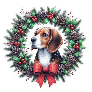 Aquarel kerst beagle krans PNG: vakantiehond clipart (digitale download)