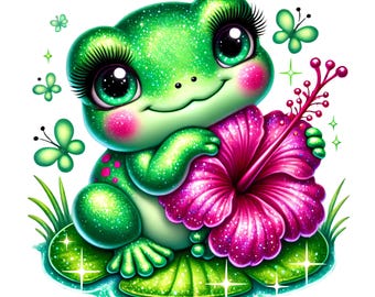 Girl Frog Clipart: Lily Pad Hibiscus Flower, Nursery Art (PNG)