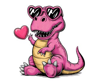Retro Pink Dinosaur Valentine PNG: Heart Sunglasses (Digital Download)