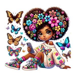 かわいい黒人の女の子の花の蝶Png、黒人の女の子Png、蝶Png、アフリカ系アメリカ人の女の子png、ノートブックやジャーナル用の黒人の女の子アート、