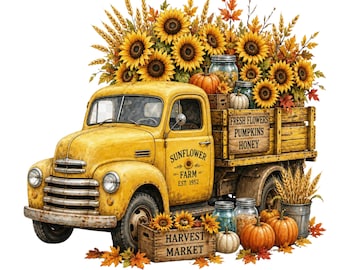 Sunflower Truck PNG, Sunflower png, Vintage Fall Truck PNG, Sunflower Truck Clipart, Pumpkin Harvest, Rustic Farmhouse, Autumn Design png