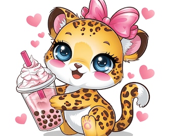 Babyluipaard Boba Tea PNG: kinderkamerprint, luipaardillustraties (digitaal bestand)