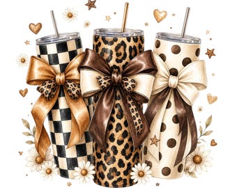 Boutique Leopard Tumbler PNG, Coquette Tumbler Clipart Leopard, Checkerboard & Polka Dot Skinny Tumblers, Mom shirt, sweater weather, trendy