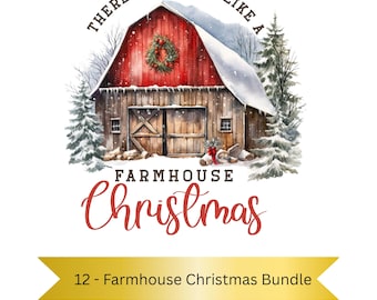 12- Vintage boerderij kerst png-bundel, landelijke kerstsublimatieontwerpen, rustieke schuur, boerderijwagen, koe png, kerstvakantie png