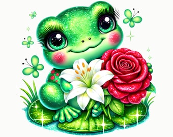 Girl Frog Clipart: Lily and Rose  Flower, Nursery Art (PNG)