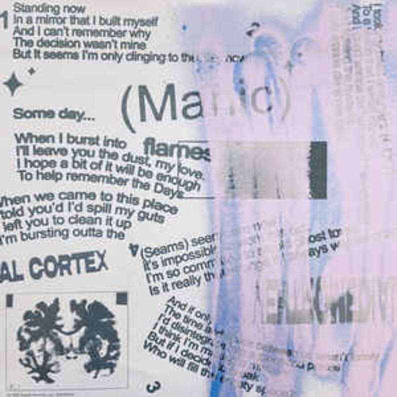 Puede incluir: Un dise&ntilde;o estilo collage con texto y gr&aacute;ficos. El texto incluye letras de canciones y la palabra "Manic". El dise&ntilde;o presenta un gr&aacute;fico de cerebro y una est&eacute;tica descolorida y en capas con una paleta de colores blanco, azul y morado.