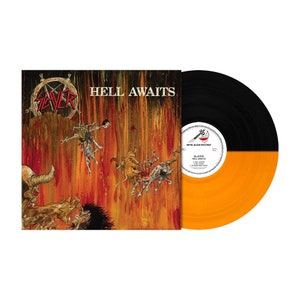 May include: A black and orange vinyl record with the album cover for Slayer's "Hell Awaits" album. The cover art features a demonic figure with a skull and a fiery background. The text "Slayer" and "Hell Awaits" is printed on the cover.