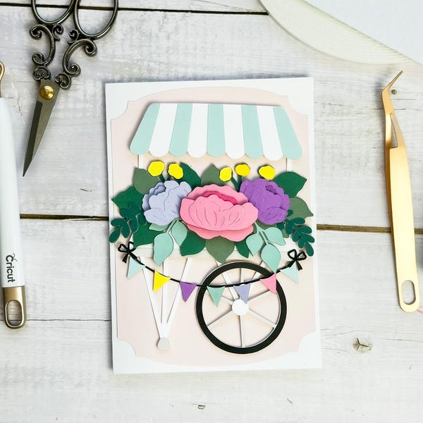 3D Layered Flower Market Cart Card SVG, Floral Birthday Cut File (Digital Download)