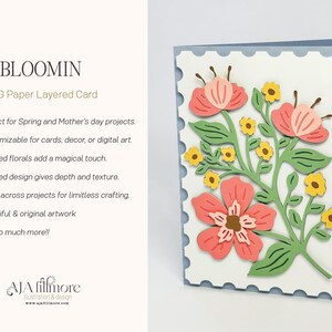 May include: A layered paper card with a floral design. The card features pink, yellow, and green flowers on a white background. The card is surrounded by a blue border with a scalloped edge. The text "BLOOMIN" and "SVG Paper Layered Card" is at the top of the card.