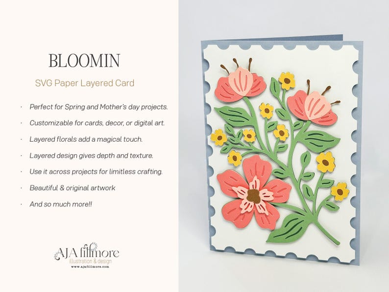 May include: A layered paper card with a floral design. The card features pink, yellow, and green flowers on a white background. The card is surrounded by a blue border with a scalloped edge. The text "BLOOMIN" and "SVG Paper Layered Card" is at the top of the card.