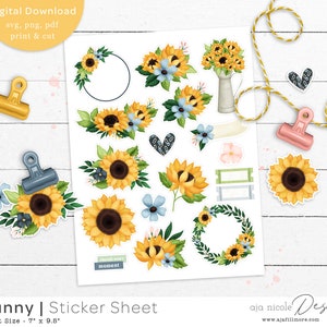Sunflower stickers, Printable Stickers, Sunflower Clipart, Digital Stickers, Bullet journal, planner design, Goodnotes, Notability Stickers