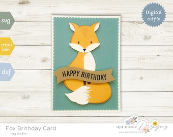 Tarjeta de cumpleaños de zorro en capas SVG: Archivo de corte para Cricut y Silhouette (descarga digital)