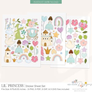 Adesivos digitais de princesa, adesivos para impressão, clipart de princesa, adesivos digitais, adesivos de princesa para impressão e corte, folha de adesivos de princesa