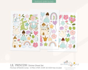 Digitale stickers prinses, afdrukbare stickers, prinses-clipart, digitale stickers, prinses-stickers afdrukken en knippen, stickervel prinses