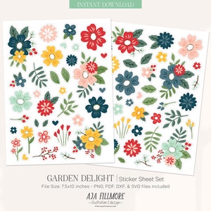 adesivos de flores, adesivos para impressão, clipart de flores, adesivos digitais, adesivos de planejador de impressão e corte, adesivos florais, clipart, primavera, svg