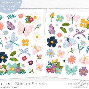 Blumen Aufkleber, druckbare Aufkleber, Blumen Clipart, digitale Aufkleber, drucken und schneiden Planner Design, Schmetterling Aufkleber, Clipart, Libelle