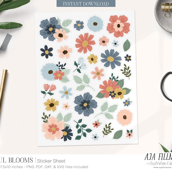 Flower stickers, Printable Stickers, Flower Clipart, Digital Stickers, print and cut planner design, floral Stickers, clipart, spring, svg