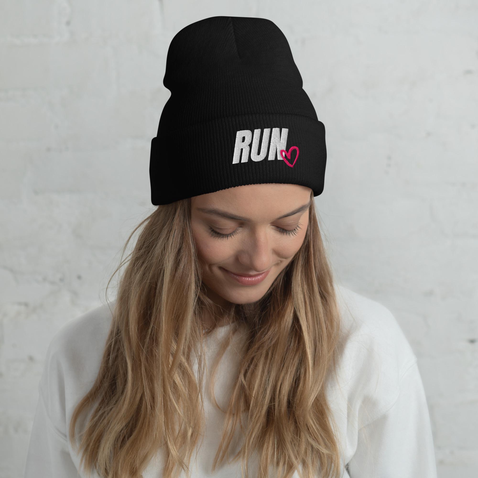 Black & White Patterned Running Beanie with Red Heart Run With Heart Beanie – Winter Running Hat, Gift for Runner  main image 2