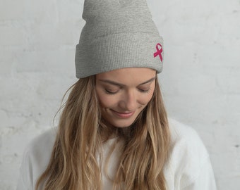 Breast Cancer Awareness Pink Ribbon Embroidered Short Beanie - Etsy
