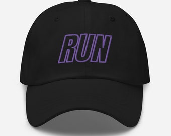 May include: A black baseball cap with a purple embroidered "RUN" on the front.