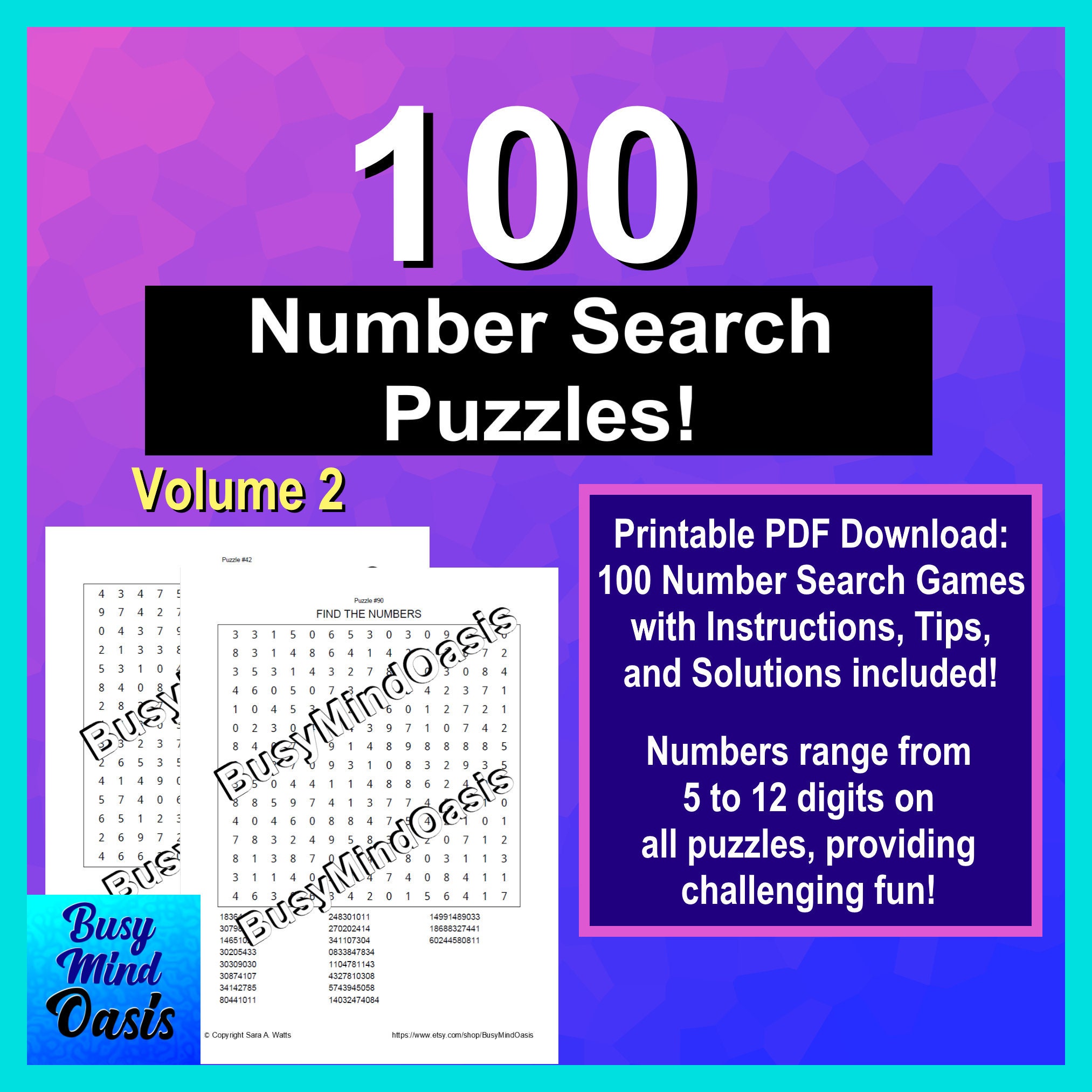 100 number search puzzles printable pdf download vol 2 etsy