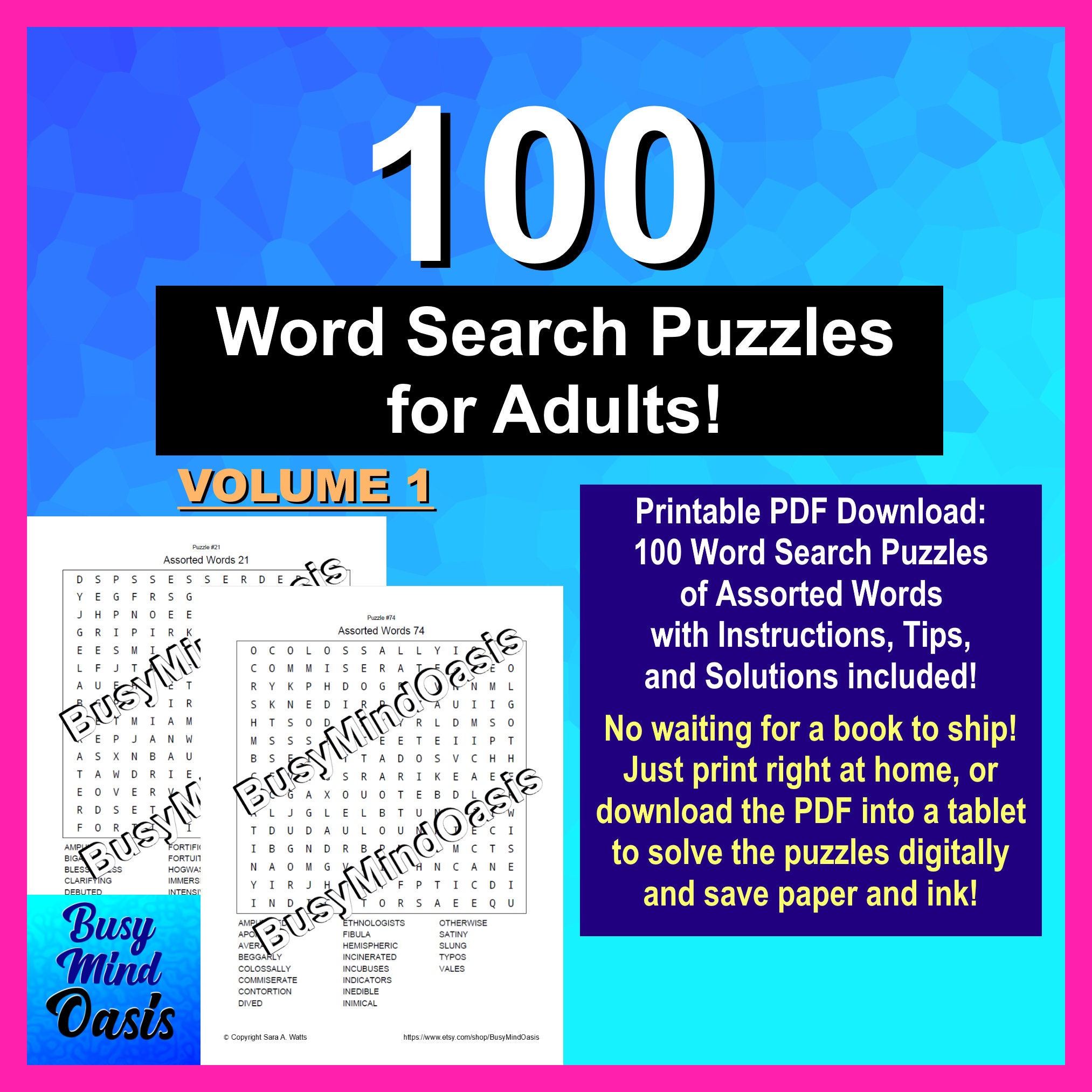 100 word search puzzles for adults pdf printable download vol etsy new zealand
