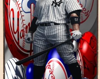 May include: A baseball player wearing a New York Yankees uniform with a striped jersey and a black cap with the team logo. The player is holding a baseball bat and is standing in front of a background of baseballs with the Yankees logo.
