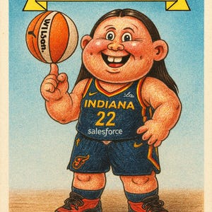 May include: Garbage Pail Kids trading card featuring "Gabbage Kate" in a basketball uniform. The illustration shows a smiling character spinning a Wilson basketball on their finger. The card has the text "Garbage Pail Kids" and "Gabbage Kate".