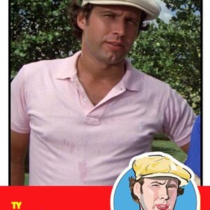 May include: A trading card featuring a photograph of a person wearing a light pink polo shirt and a cream-colored flat cap. Below the photo is a circular illustration of the same person, with the text TY WEBB and BUSHWOOD COUNTRY CLUB printed.