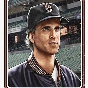 May include: Baseball card featuring Sam "Mayday" Malone, a pitcher for the Boston Red Sox. The card has a blue and red border, with the team name and player's position at the top. Malone is wearing a Red Sox cap and jacket.