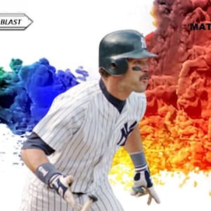 以下が含まれることがあります： ストライプのユニフォームとヘルメットを着用した野球選手で、「DON MATTINGLY」の文字が入っています。画像は、緑、青、赤の色合いのカラフルな爆発を特徴とし、「COLOR BLAST」という言葉がバナーに表示されています。