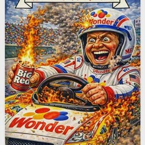 Op de afbeelding: Garbage Pail Kids-verzamelkaart met Ricky Bobby in een raceauto. De auto is geel en wit met het woord "Wonder" op de motorkap. Ricky Bobby, met helm, houdt een "Big Red" blikje vast, omringd door vlammen.