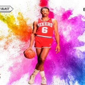 May include: Image of Julius Erving, a basketball player, in a red Sixers uniform with the number 6. He holds a basketball against a colorful, abstract background with the words "COLOR BLAST" and "JULIUS ERVING".