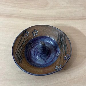 Hand Thrown Studio Pottery Ring Dish Signed Dated Floral Blue Purple Stoneware