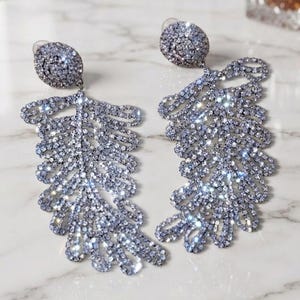 Può includere: Un paio di orecchini vistosi color argento con un perno circolare collegato a un grande pendente a forma di foglia. L'intera superficie degli orecchini è ricoperta da piccoli cristalli chiari e riflettenti che catturano la luce.
