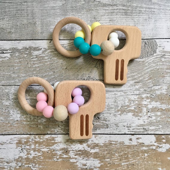 Best Natural Wooden Teether Key Chain Toy Rattle KEYS Untreated Organic Natural